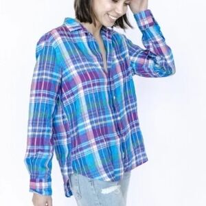 FRANK & EILEEN 100% Linen Eileen Relaxed Button-up Shirt Blue Pink Plaid Small